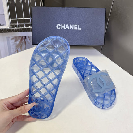 CHANEL 26S SLIDES IN BLUE PVC