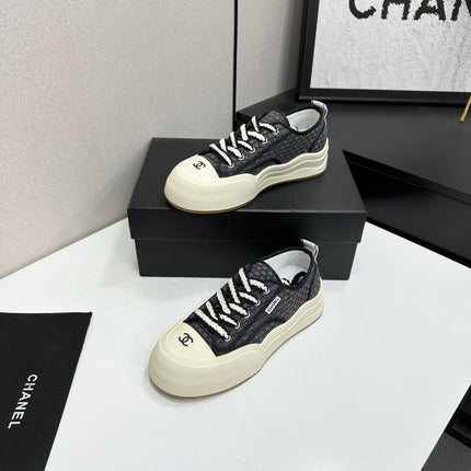 CHANEL 26S PLATFORM SNEAKERS IN BLACK CHECKERED WOVEN FABRIC