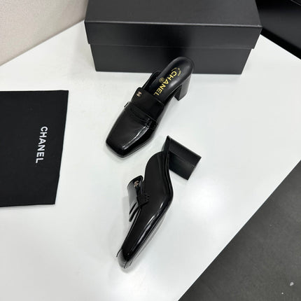 CHANEL 26S MULE PUMPS IN BLACK PATENT CALFSKIN