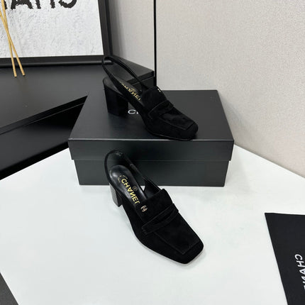 CHANEL 26S SLINGBACK LOAFER PUMPS IN BLACK SUEDE