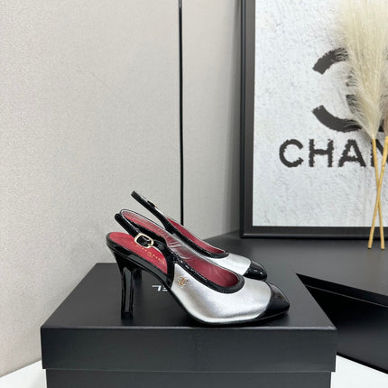 CHANEL 26S HIGH HEEL SLINGBACK IN SILVER LAMBSKIN AND BLACK PATENT CALFSKIN