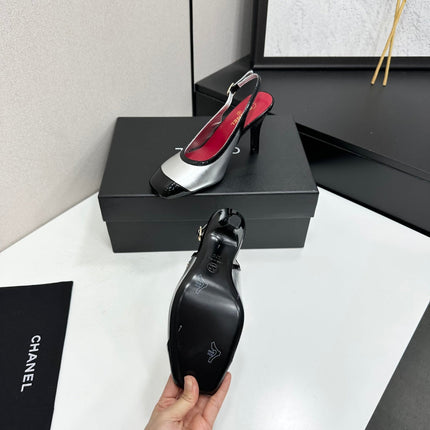 CHANEL 26S HIGH HEEL SLINGBACK IN SILVER LAMBSKIN AND BLACK PATENT CALFSKIN