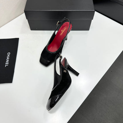 CHANEL 26S HIGH HEEL SLINGBACK PUMPS IN BLACK SUEDE