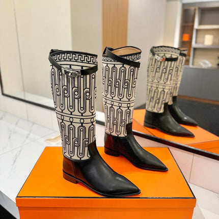 HM 26S JUMPING BOOTS IN BLACK CALFSKIN AND BEIGE CANVAS