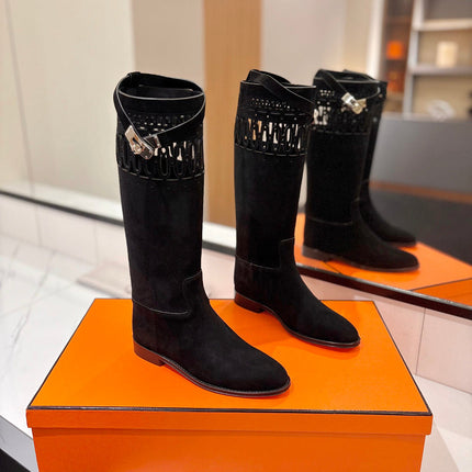HM 26S PERFORATED HIGH-TOP BOOTS IN BLACK SUEDE