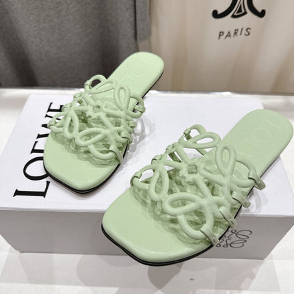 LOEWE 26S PETAL ANAGRAM SLIDE IN SAGE GREEN CALFSKIN