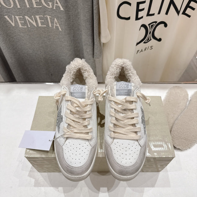 GOLDEN GOOSE BALL STAR LOW-TOP SNEAKERS IN WHITE AND SILVER-TONE COLORWAY