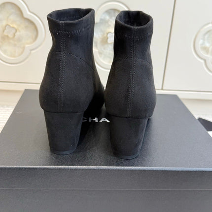 CHANEL 26S ANKLE BOOTS IN BLACK SUEDE AND PATENT SQUARE TOE