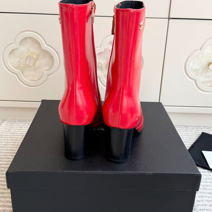 CHANEL 26S HIGH HEEL ANKLE BOOTS 70 MM IN RED CALFSKIN SQUARE TOE