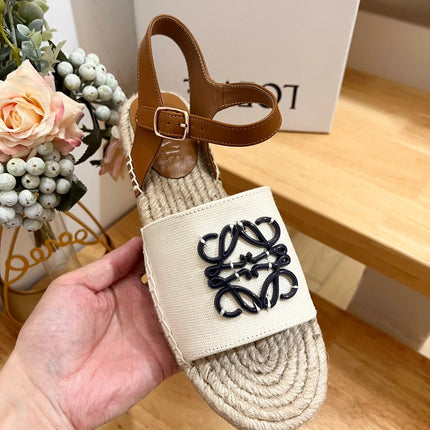 Loew Anagram Black logo White Brown Beige Leather And Canvas Espadrille Sandals