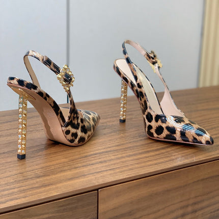 GIANVITO ROSSI 26S SLINGBACK HEELS 105 MM IN LEOPARD PRINT PATENT LAMBSKIN