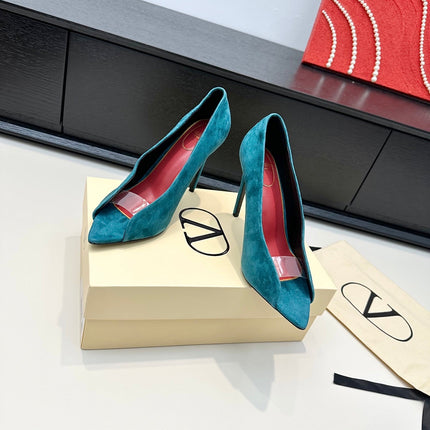 VALENTINO 26S PEEP-TOE HIGH HEELS 100 MM IN TEAL BLUE SUEDE