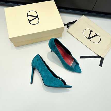 VALENTINO 26S PEEP-TOE HIGH HEELS 100 MM IN TEAL BLUE SUEDE