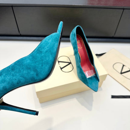 VALENTINO 26S PEEP-TOE HIGH HEELS 100 MM IN TEAL BLUE SUEDE
