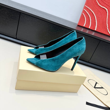 VALENTINO 26S PEEP-TOE HIGH HEELS 100 MM IN TEAL BLUE SUEDE