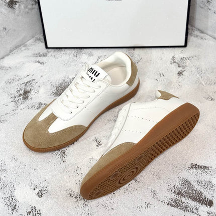 RETRO SNEAKERS IN WHITE LAMBSKIN MIX PEANUT SUEDE