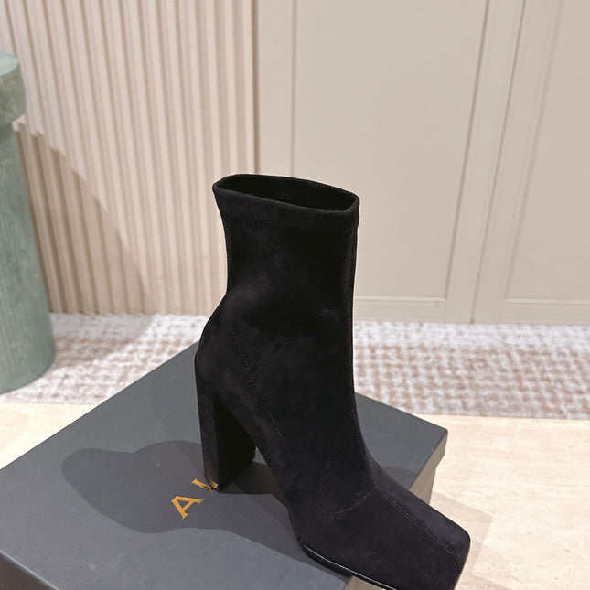 ALAIA 26S HEELED BOOTS 90 MM IN BLACK SUEDE