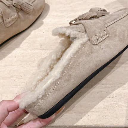 MIUMIU 25S MULES IN DESERT BEIGE SUEDE WITH SHEARLING