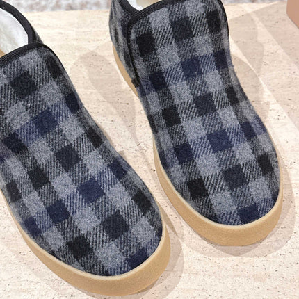 MIUMIU 25S SLIP-ON BOOTIES IN BLACK AND BLUE WOOL WITH SHEARLING