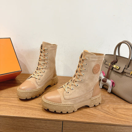 HM 26S LACE-UP ANKLE BOOTS IN BEIGE LAMBSKIN AND SUEDE