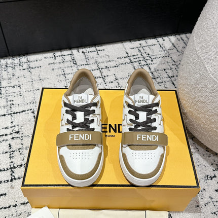 FENDI MATCH LOW-TOPS IN DARK TAN MIX WHITE CALFSKIN