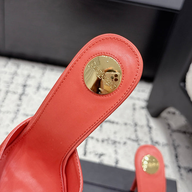 YSL 26S HEELED MULES 105 MM IN ORANGE-PINK SATIN