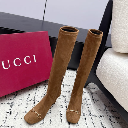 GUCCI 26S HORSEBIT KNEE-HIGH BOOTS 75 MM IN BROWN SUEDE