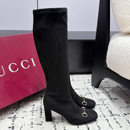 GUCCI 26S HORSEBIT KNEE-HIGH BOOTS 75 MM IN BLACK SUEDE
