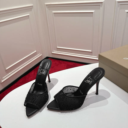 CHRISTIAN LOUBOUTIN 26S HEELED SANDALS 100 MM IN BLACK RHINESTONE MESH