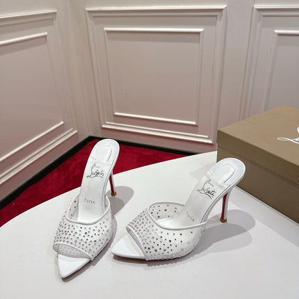 CHRISTIAN LOUBOUTIN 26S HEELED SANDALS 100 MM IN WHITE RHINESTONE MESH