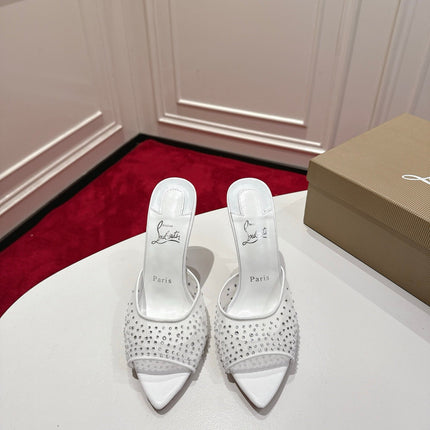 CHRISTIAN LOUBOUTIN 26S HEELED SANDALS 100 MM IN WHITE RHINESTONE MESH