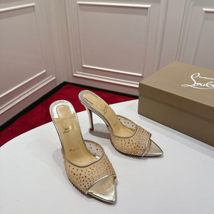 CHRISTIAN LOUBOUTIN 26S HEELED SANDALS 100 MM IN SILVER AND BEIGE RHINESTONE MESH