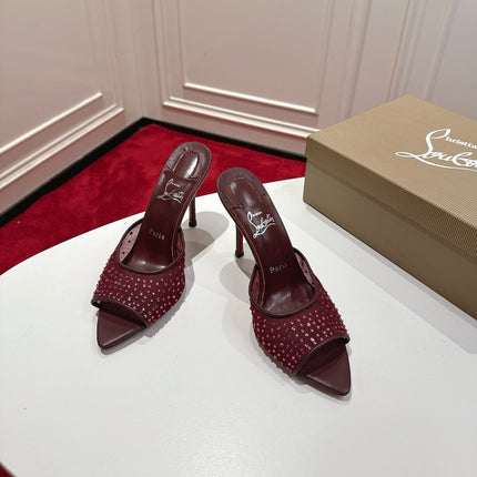 CHRISTIAN LOUBOUTIN 26S HEELED SANDALS 100 MM IN DARK RED RHINESTONE MESH