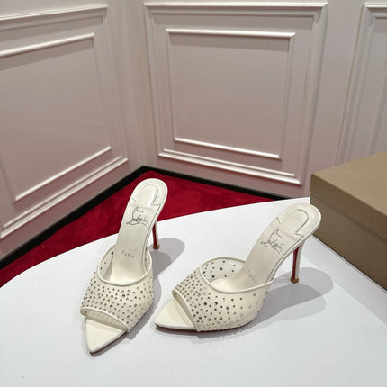 CHRISTIAN LOUBOUTIN 26S HEELED SANDALS 100 MM IN CREAM WHITE RHINESTONE MESH