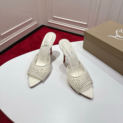 CHRISTIAN LOUBOUTIN 26S HEELED SANDALS 100 MM IN CREAM WHITE RHINESTONE MESH