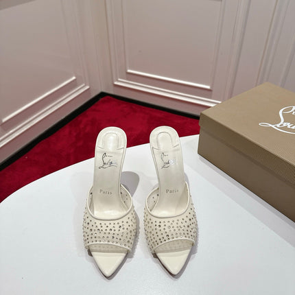 CHRISTIAN LOUBOUTIN 26S HEELED SANDALS 100 MM IN CREAM WHITE RHINESTONE MESH