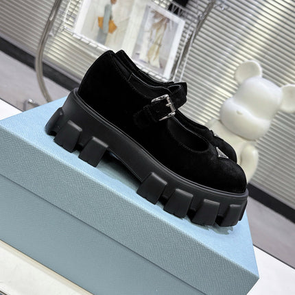 PRADA 25S PLATFORM MARY JANE SHOES IN BLACK SUEDE