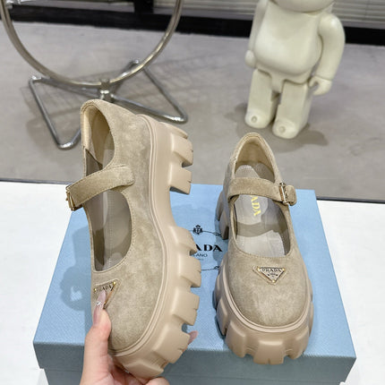PRADA 25S PLATFORM MARY JANE SHOES IN BEIGE SUEDE