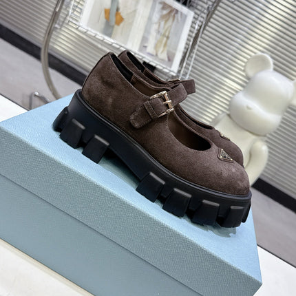 PRADA 25S PLATFORM MARY JANE SHOES IN DARK BROWN SUEDE