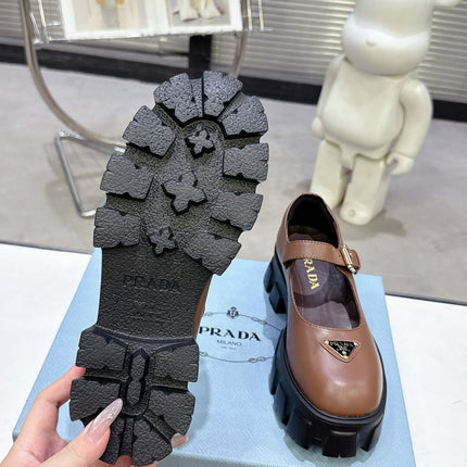 PRADA 25S PLATFORM MARY JANE SHOES IN BROWN CALFSKIN