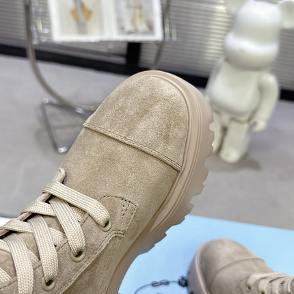 PRADA 25S WARRIOR BOOTS IN BEIGE SUEDE