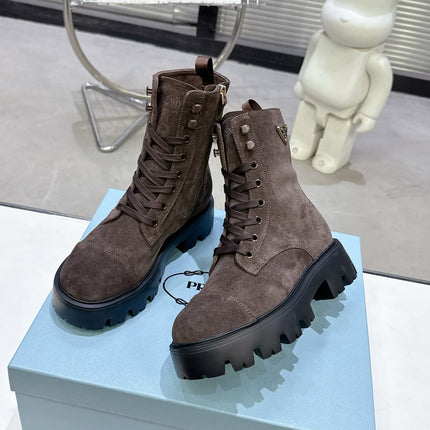 PRADA 25S WARRIOR BOOTS IN DARK BROWN SUEDE