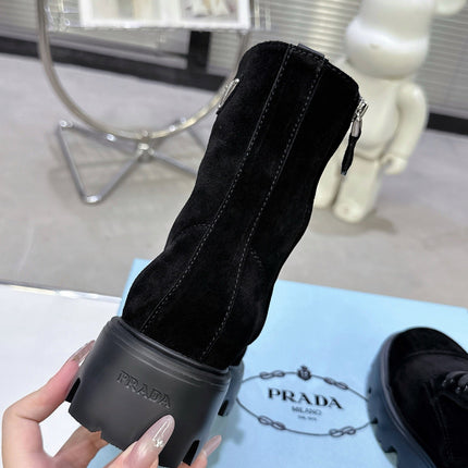 PRADA 25S WARRIOR BOOTS IN BLACK SUEDE