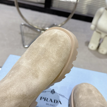 PRADA 25S RETRO PLATFORM MARTIN ANKLE BOOTS IN BEIGE SUEDE
