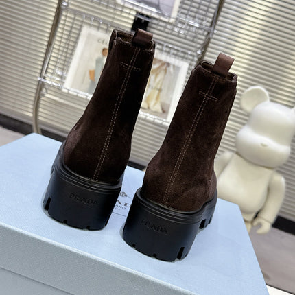 PRADA 25S RETRO PLATFORM MARTIN ANKLE BOOTS IN DARK BROWN SUEDE
