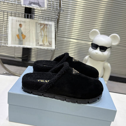 PRADA 25S FUR-LINED SABOT MULES IN BLACK SUEDE