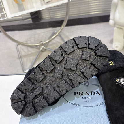 PRADA 25S FUR-LINED SABOT MULES IN BLACK SUEDE