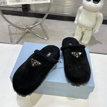 PRADA 25S FUR-LINED SABOT MULES IN BLACK SUEDE