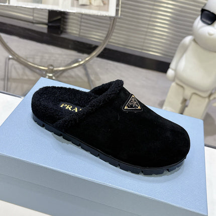 PRADA 25S FUR-LINED SABOT MULES IN BLACK SUEDE