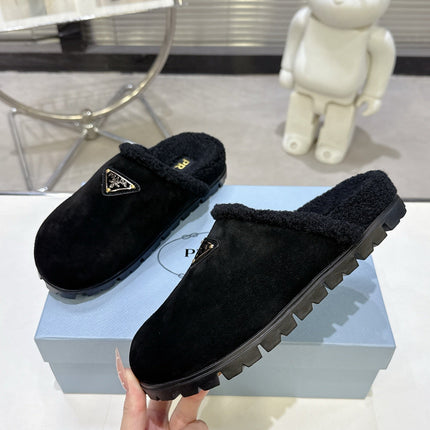 PRADA 25S FUR-LINED SABOT MULES IN BLACK SUEDE